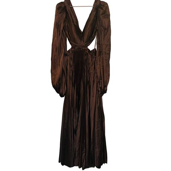 Ieena for Mac Duggal Brown Long Sleeve Pleated Full Skirt Cut Out Sides Gown 6 - Picture 4 of 16